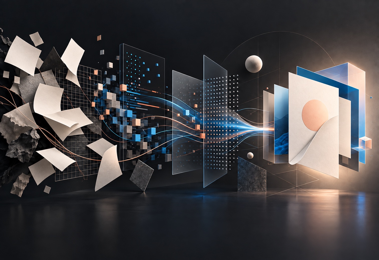 Abstract composition showing scattered documents becoming an organized digital deliverable